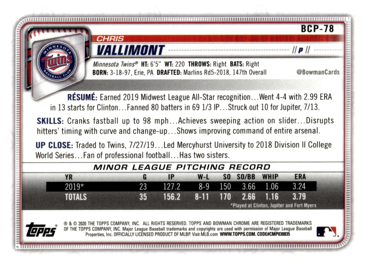 Chris Vallimont 2020 Bowman Chrome Mojo Refractor BCP - 78 2 - Collector Store LLC