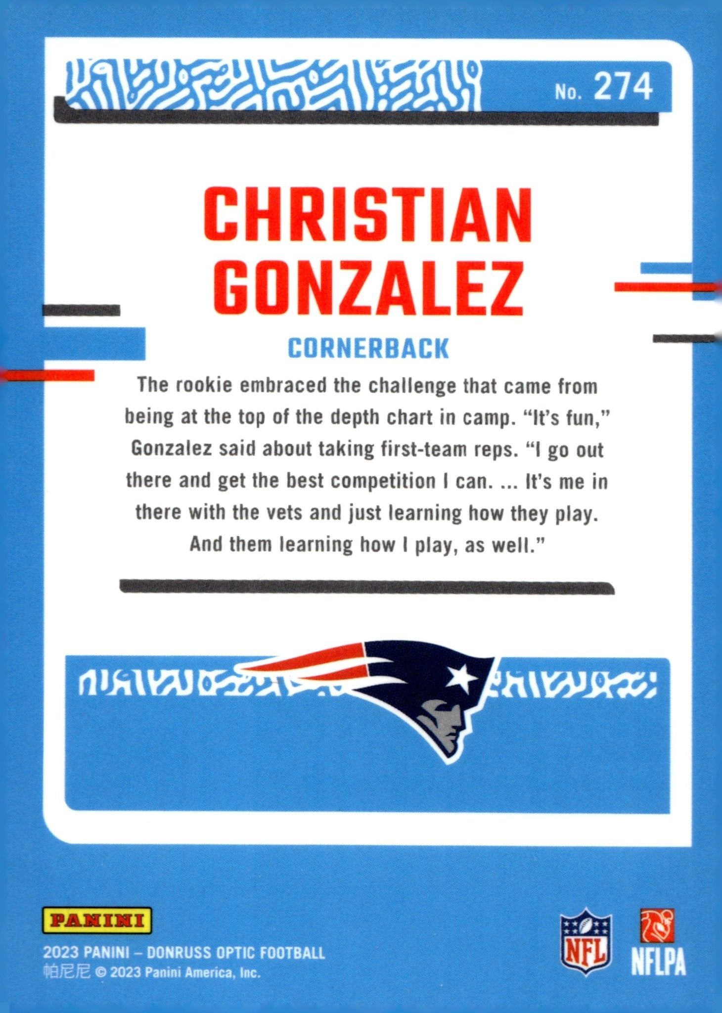 Christian Gonzalez 2023 Panini Donruss Optic Rated Rookie RC #274 - Collector Store LLC