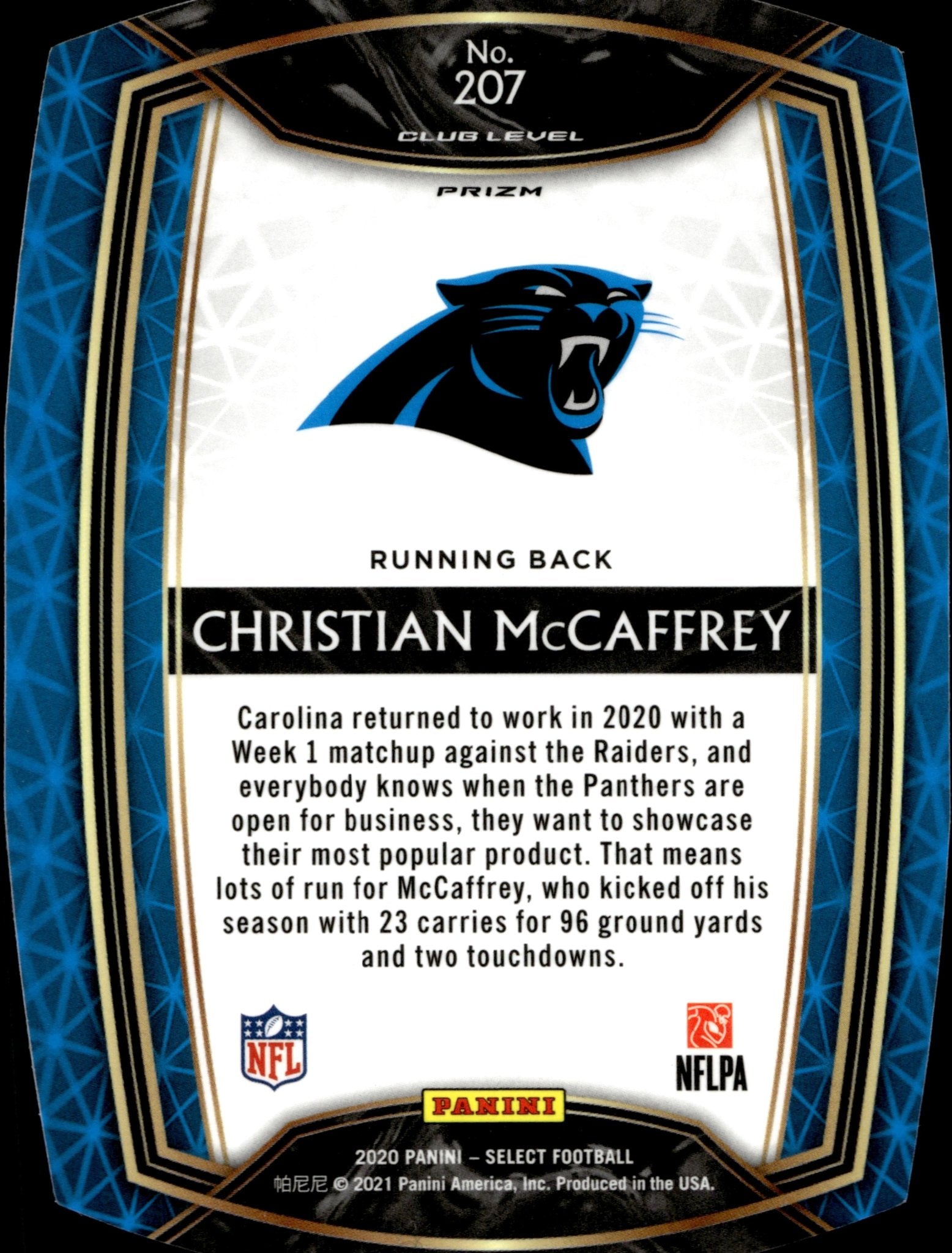 Christian McCaffrey 2020 Panini Select Die - Cut White Prizm #207 - Collector Store LLC