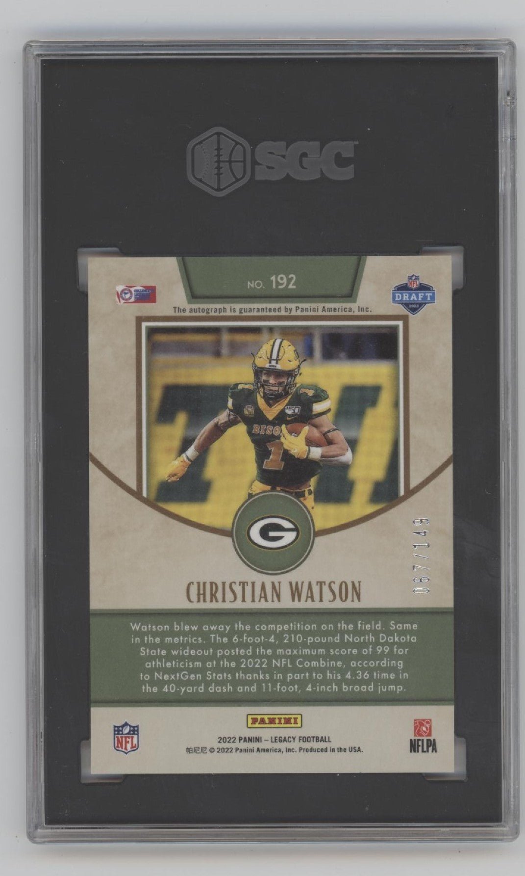 Christian Watson 2022 Panini Legacy Orange Auto RC 67/149 #192 SGC 10 / 9.5 - Collector Store LLC