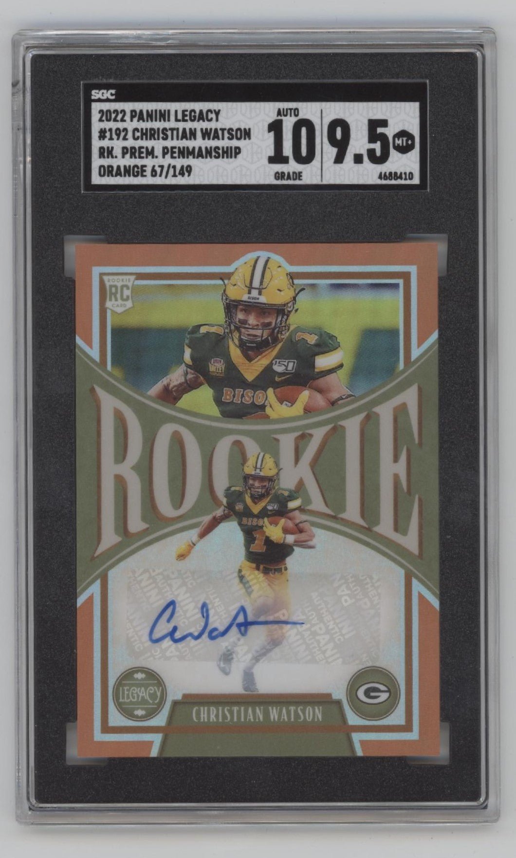 Christian Watson 2022 Panini Legacy Orange Auto RC 67/149 #192 SGC 10 / 9.5 - Collector Store LLC