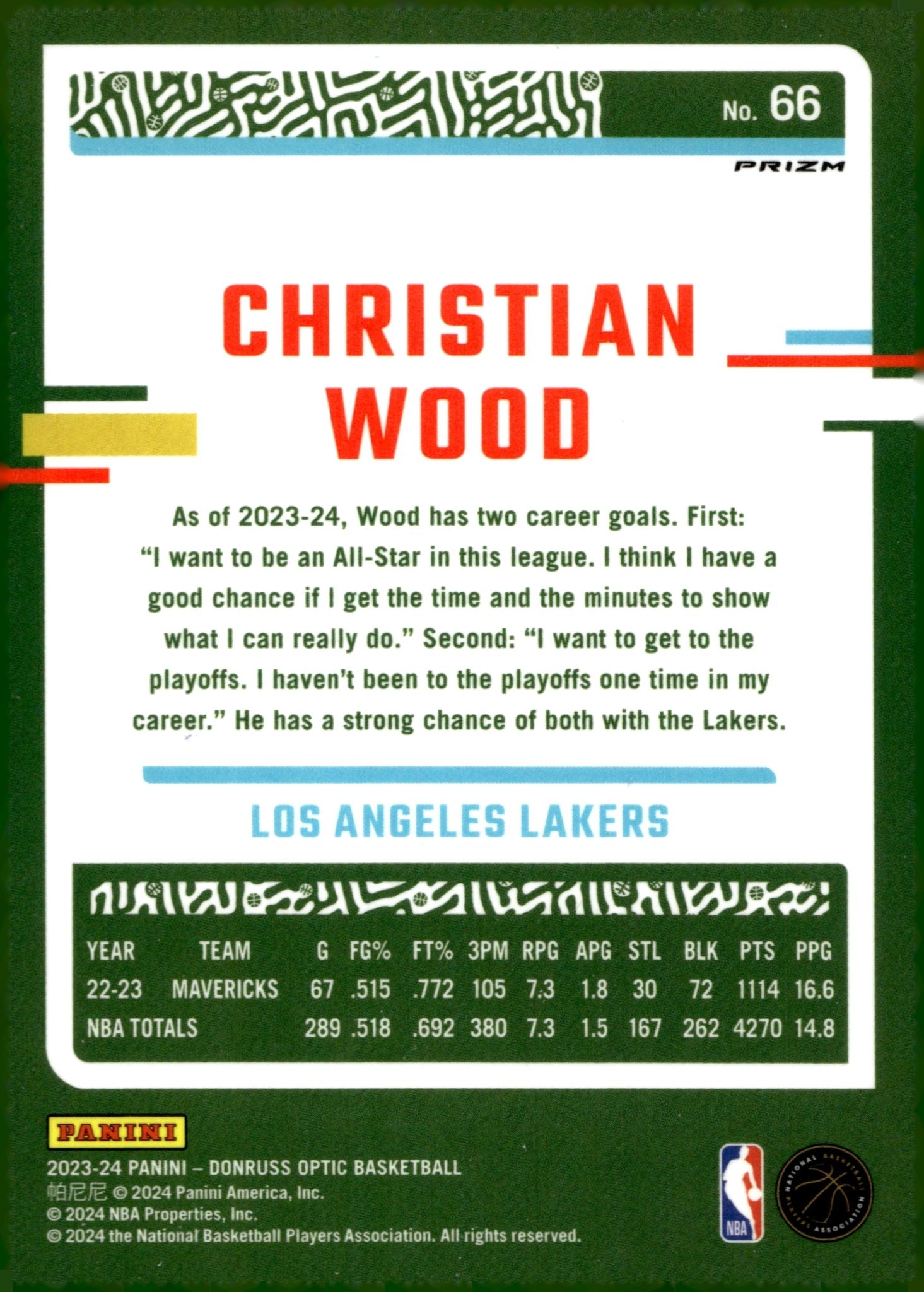 Christian Wood 2023 - 24 Panini Donruss Optic Blue Lazer Prizm #66 - Collector Store LLC