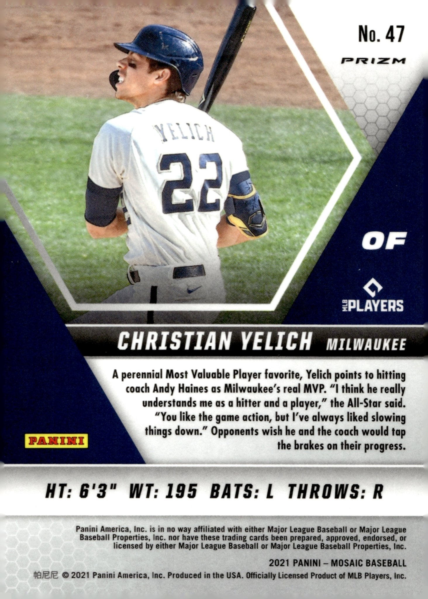 Christian Yelich 2021 Panini Mosaic Blue Camo Prizm 47 - Collector Store LLC
