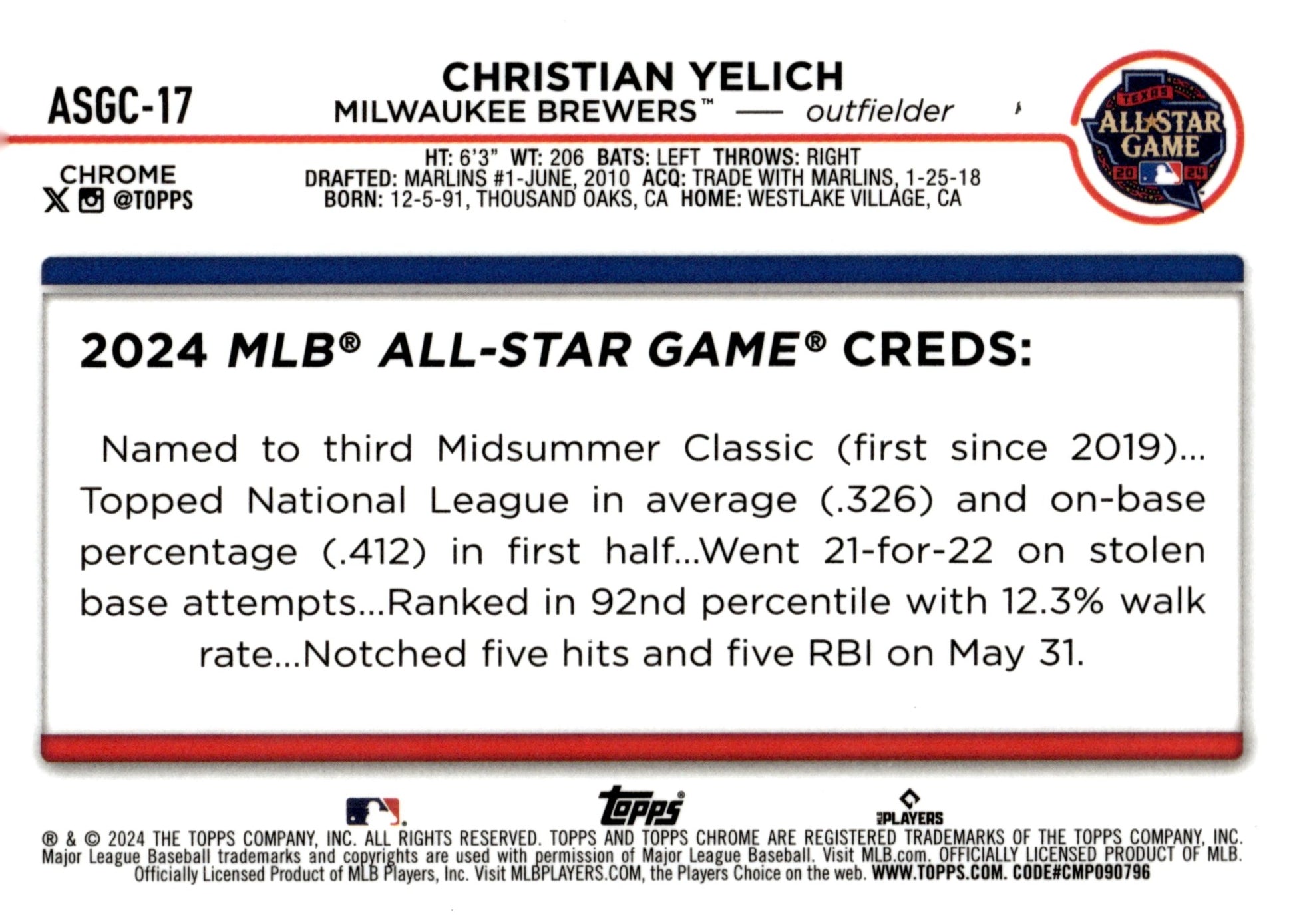 Christian Yelich 2024 Topps Chrome All Star Game Refractor ASGC - 17 - Collector Store LLC
