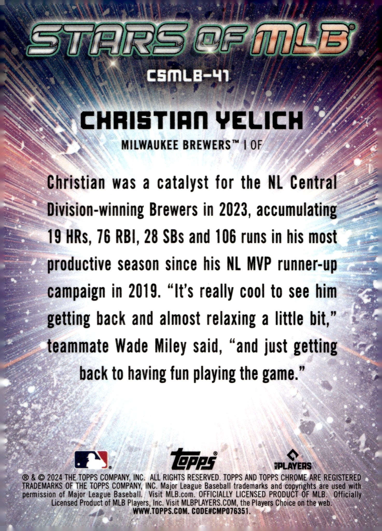 Christian Yelich 2024 Topps Chrome Stars of MLB Refractor CSMLB - 41 - Collector Store LLC