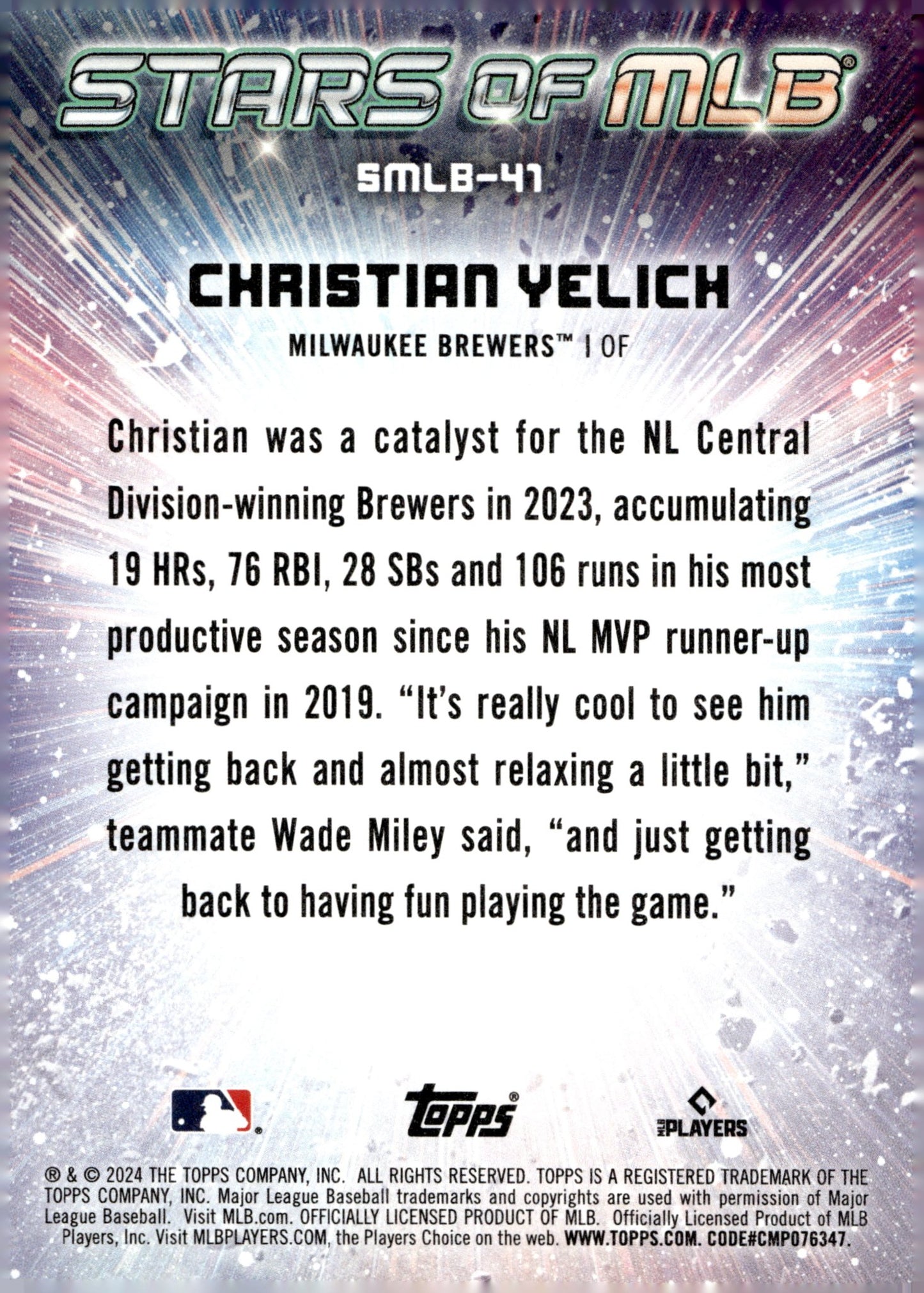 Christian Yelich 2024 Topps Series 1 Stars of MLB Refractor SMLB - 41 - Collector Store LLC