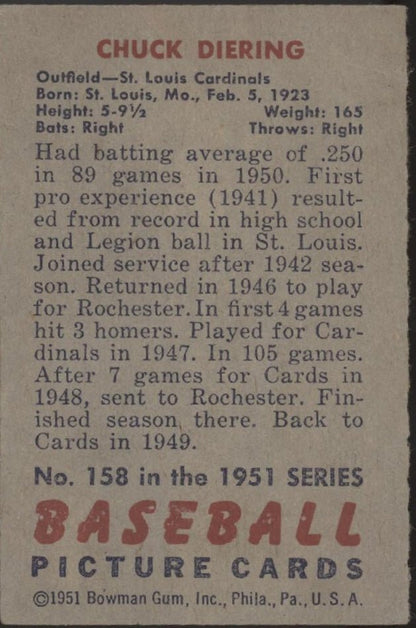 Chuck Diering 1951 Bowman #158 St. Louis Cardinals VG - EX - Collector Store LLC