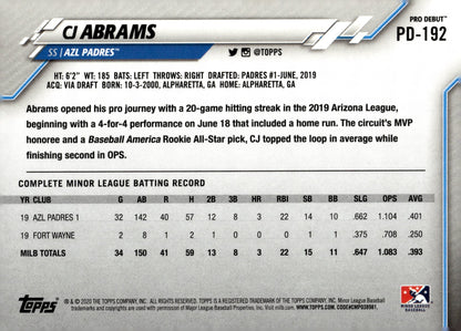 CJ Abrams 2020 Topps Pro Debut PD - 192 - Collector Store LLC