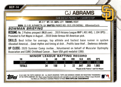 CJ Abrams 2021 Bowman Chrome Prospect #BCP - 14 - Collector Store LLC