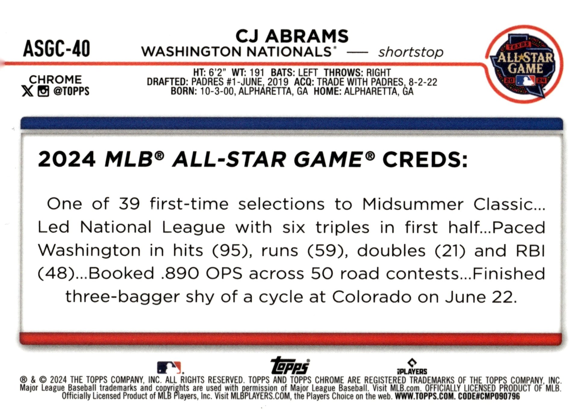 CJ Abrams 2024 Topps Chrome All Star Game Refractor ASGC - 40 1 - Collector Store LLC