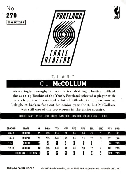CJ McCollum 2013 - 14 Panini Hoops RC #270 - Collector Store LLC