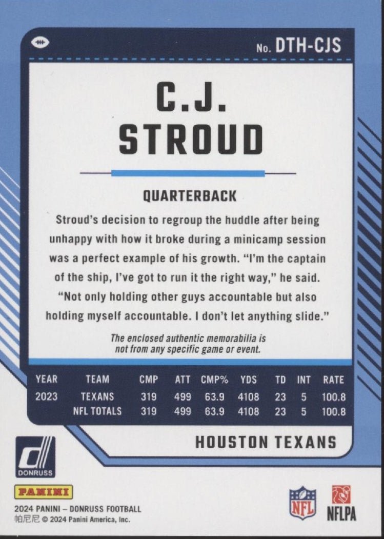 CJ Stroud 2024 Panini Donruss Threads Swatch #DTH - CJS - Collector Store LLC