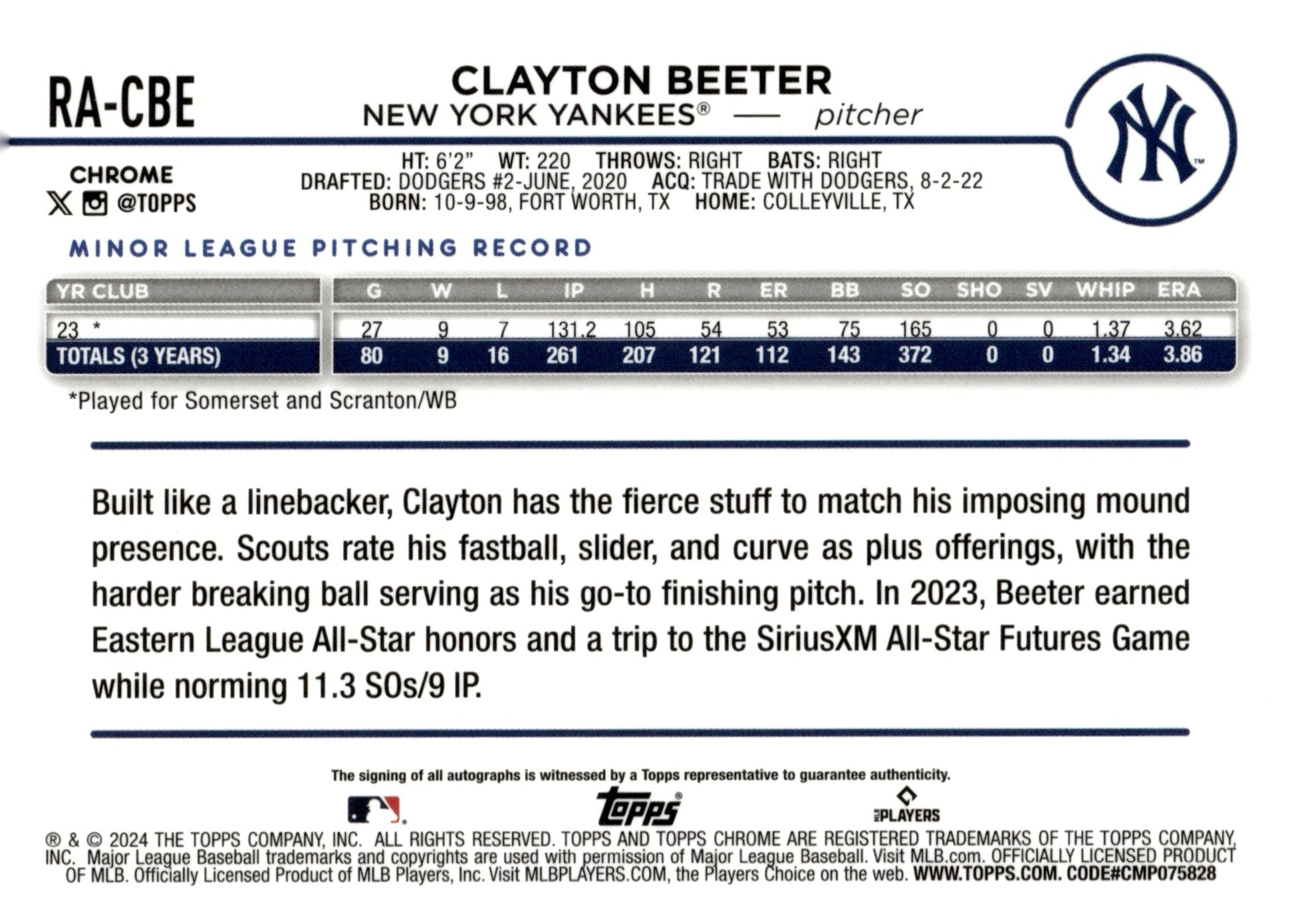 Clayton Beeter 2024 Topps Chrome RC Auto #RA - CBE - Collector Store LLC