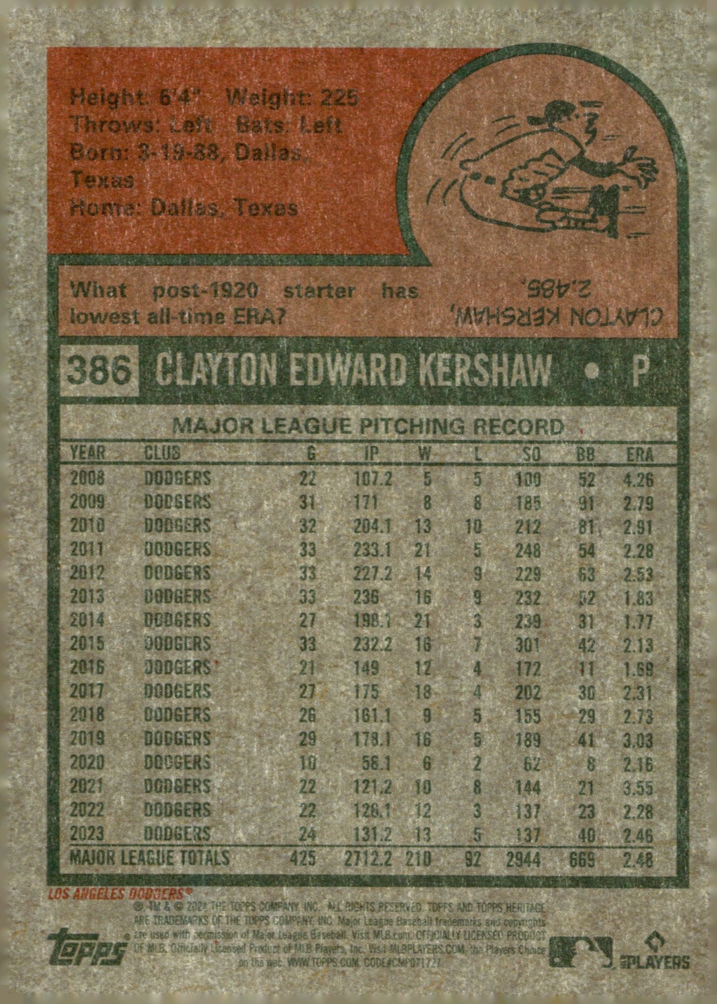 Clayton Kershaw 2024 Topps Chrome Heritage Purple Refractor #386 - Collector Store LLC