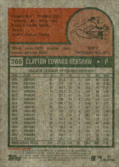 Clayton Kershaw 2024 Topps Chrome Heritage Purple Refractor #386 - Collector Store LLC