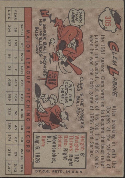 Clem Labine 1958 Topps #305 Los Angeles Dodgers EX - Collector Store LLC