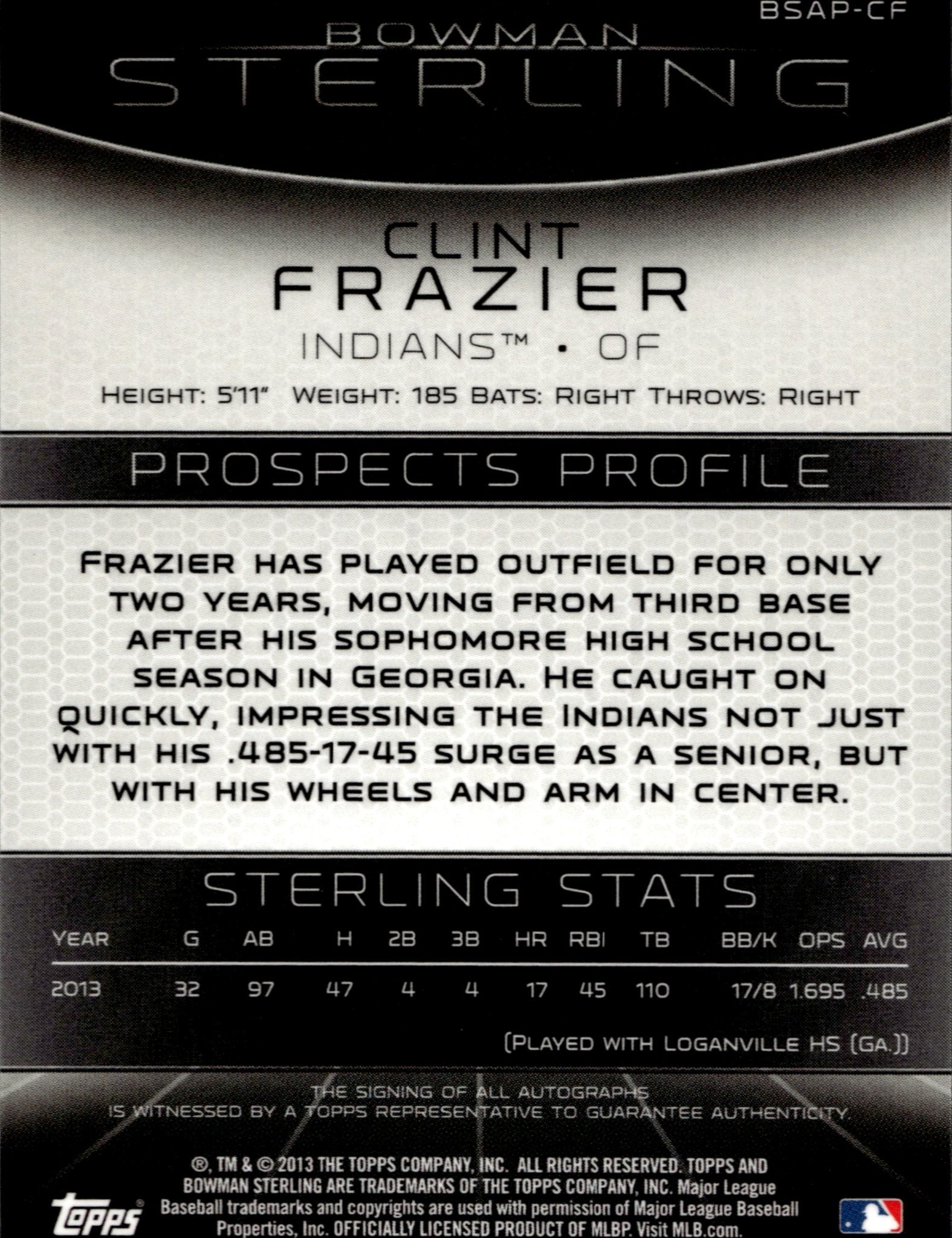 Clint Frazier 2013 Bowman Sterling Auto #BSAP - CF - Collector Store LLC