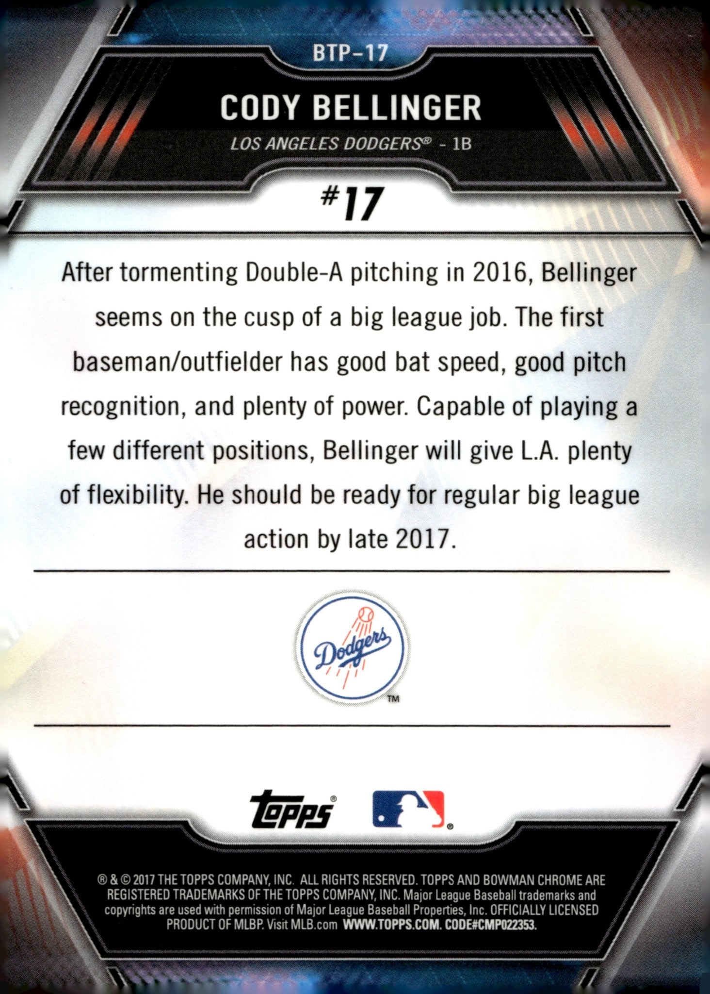 Cody Bellinger 2017 Bowman Chrome Bowman Scouts' Top 100 Refractor BTP - 17 - Collector Store LLC