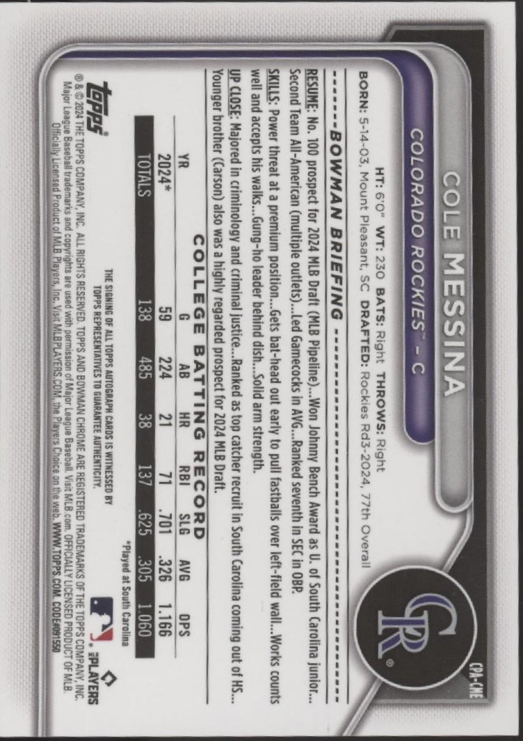 Cole Messina 2024 Bowman Chrome Auto CPA - CME - Collector Store LLC