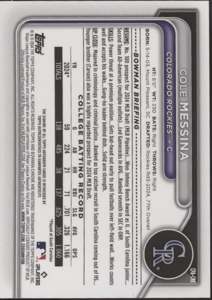 Cole Messina 2024 Bowman Chrome Auto CPA - CME - Collector Store LLC