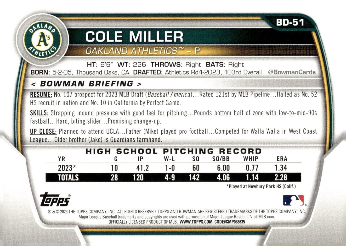 Cole Miller 2023 Bowman Fuschia 062/199 BD - 51 - Collector Store LLC