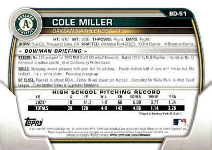 Cole Miller 2023 Bowman Fuschia 062/199 BD - 51 - Collector Store LLC