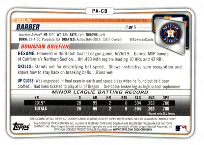 Colin Barber 2020 Bowman Prospect Purple Auto 211/250 #PA - CB - Collector Store LLC