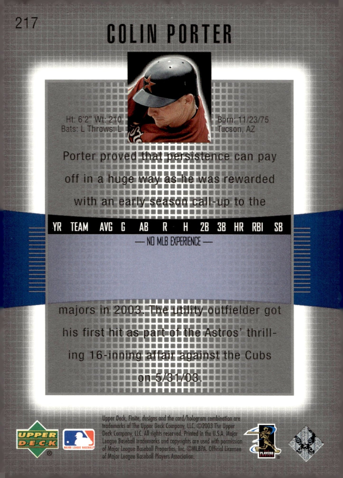 Colin Porter 2003 Upper Deck Finite Rookie Level One RC 0463/1299 217 - Collector Store LLC