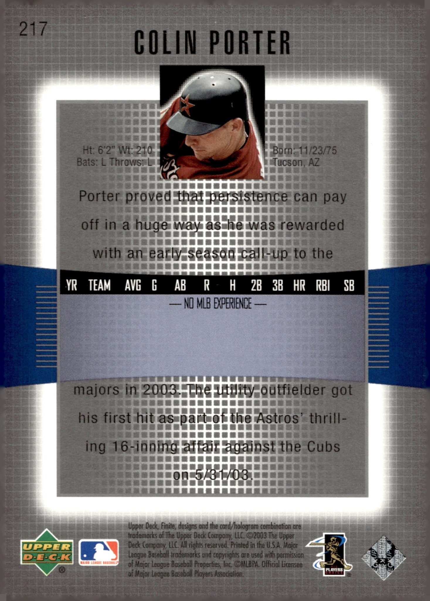 Colin Porter 2003 Upper Deck Finite Rookie Level One RC 0463/1299 217 - Collector Store LLC