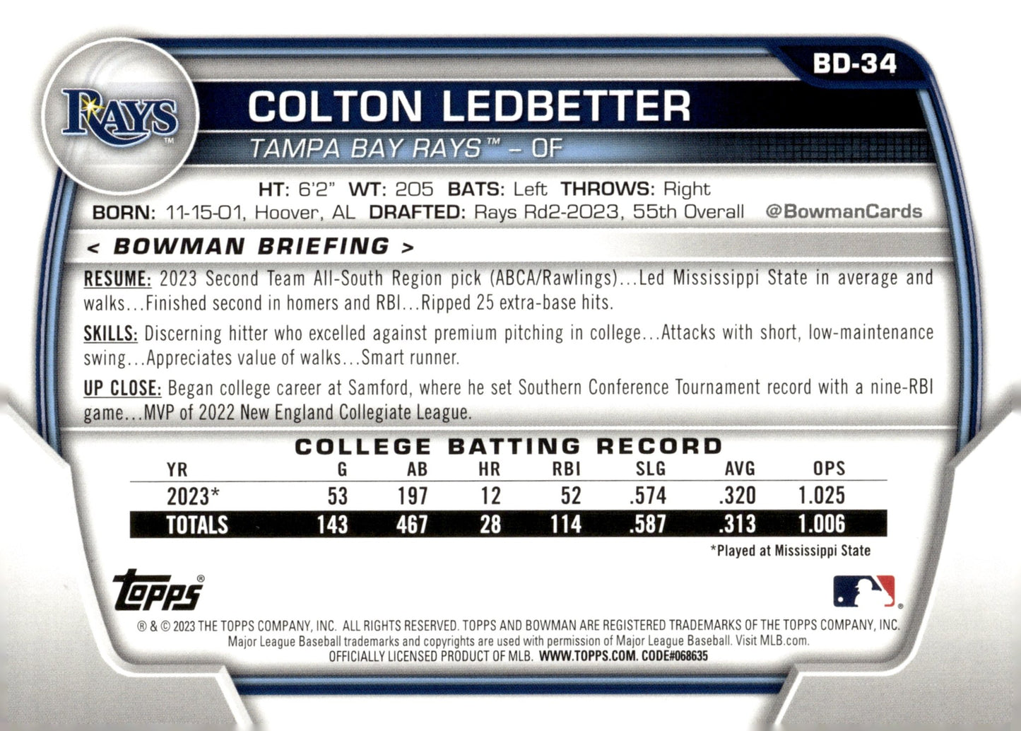 Colton Ledbetter 2023 Bowman Sky Blue 077/499 BD - 34 - Collector Store LLC