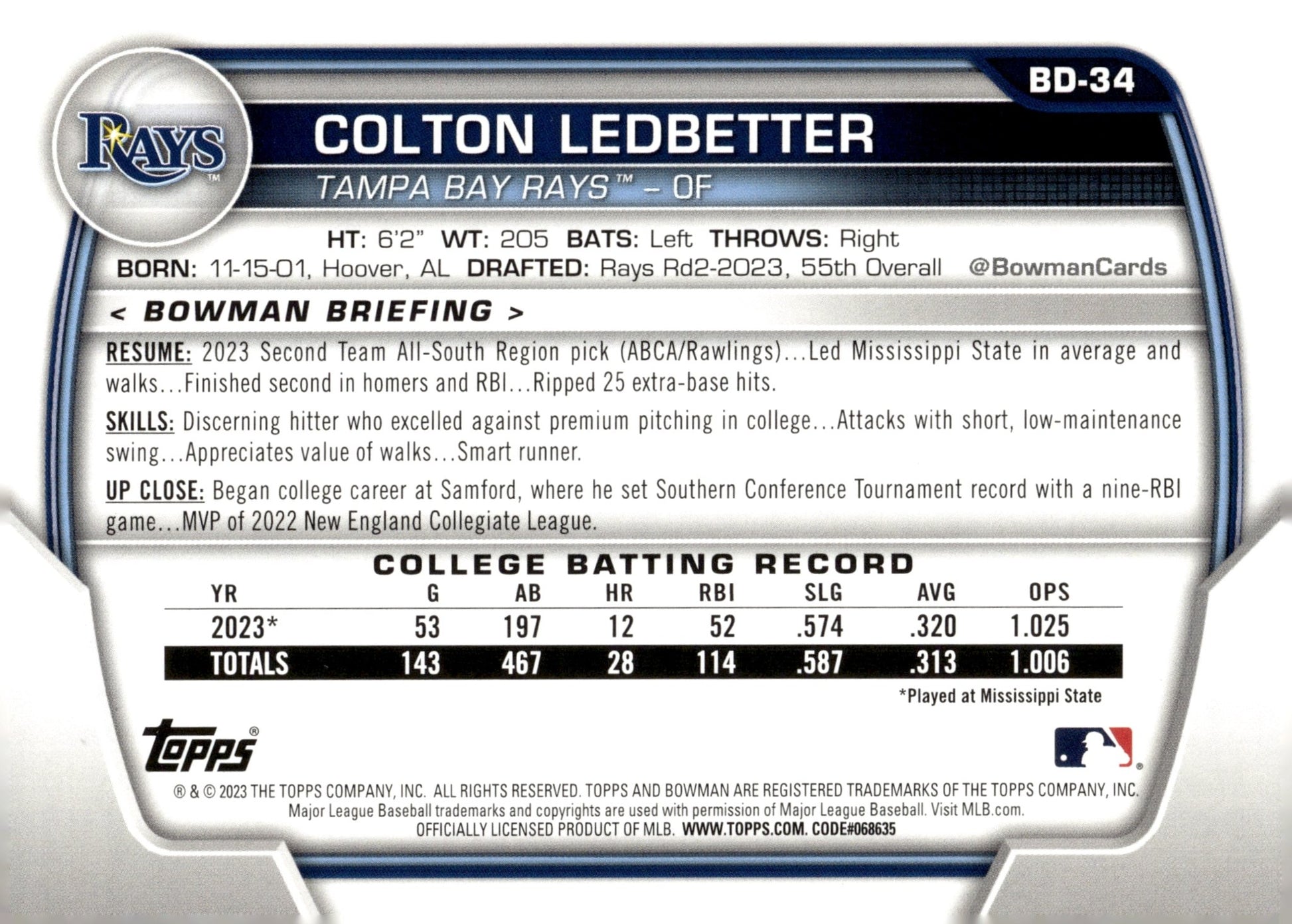 Colton Ledbetter 2023 Bowman Sky Blue 077/499 BD - 34 - Collector Store LLC