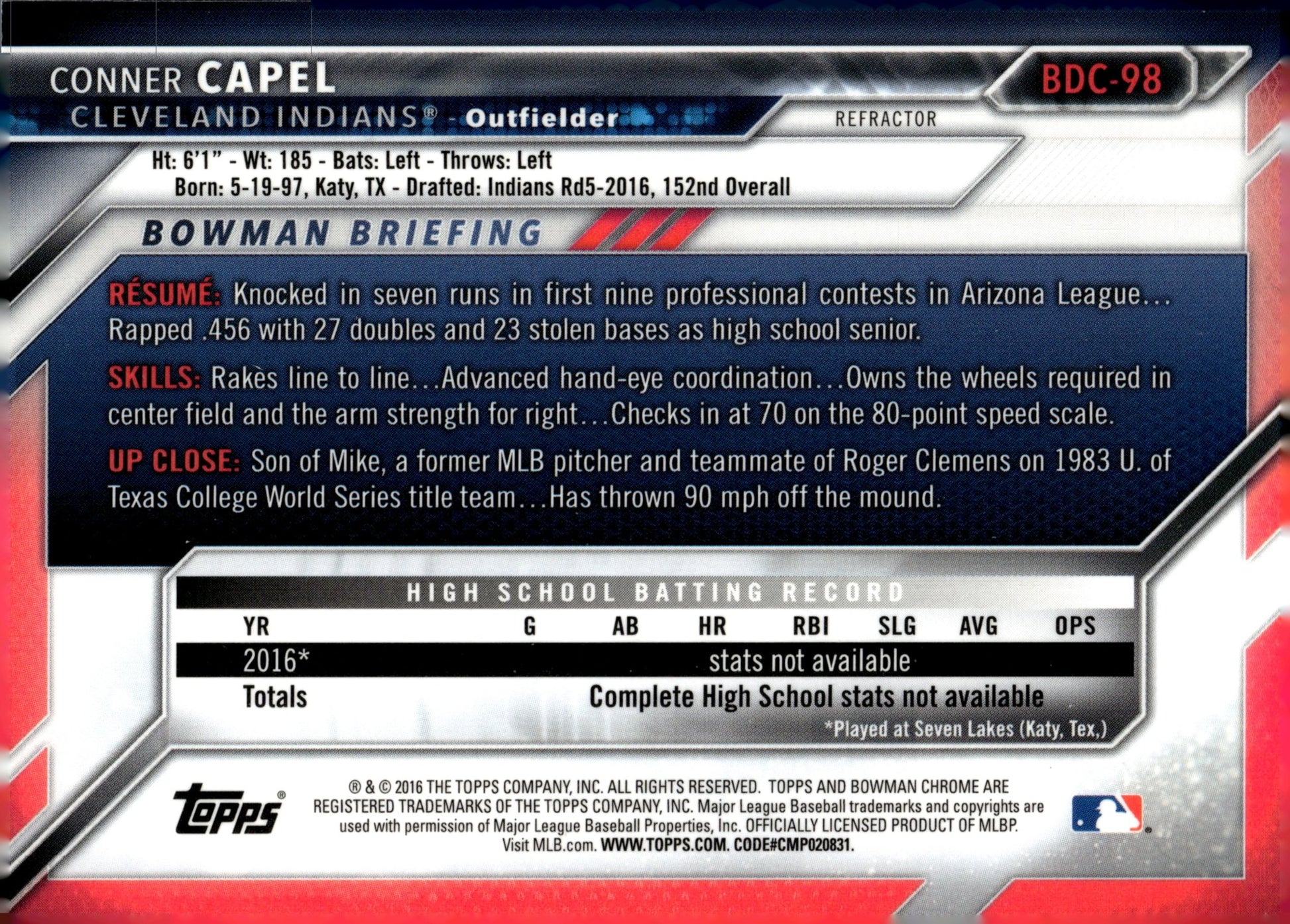 Conner Capel 2016 Bowman Chrome Refractor BDC - 98 - Collector Store LLC