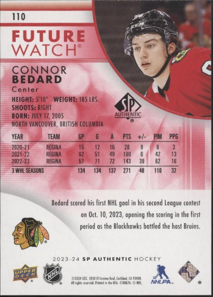 Connor Bedard 2023 - 24 Upper Deck SP Authentic Future Watch Limited 110 - Collector Store LLC