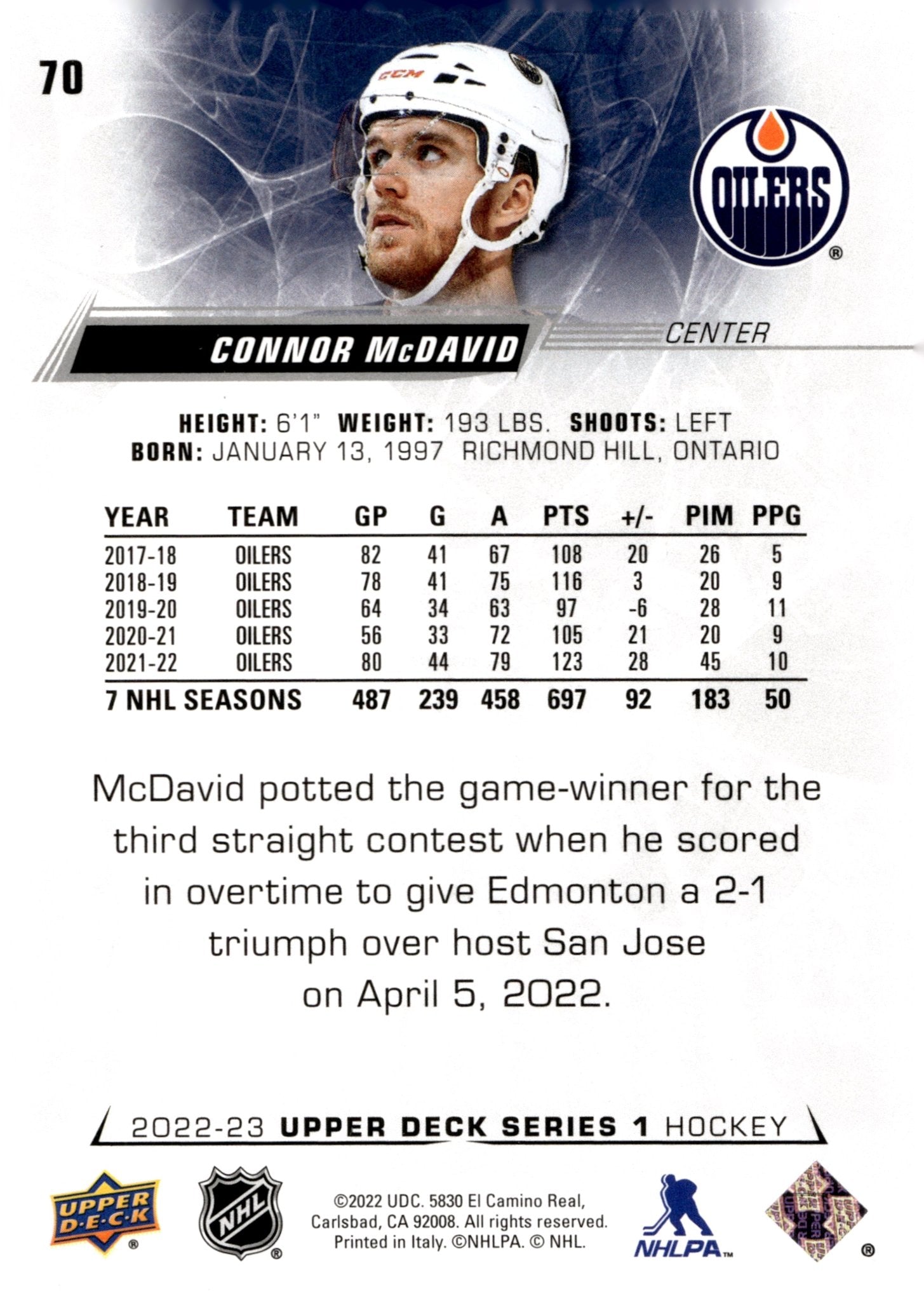 Connor McDavid 2022 - 23 Upper Deck Series 1 #70 #4 - Collector Store LLC