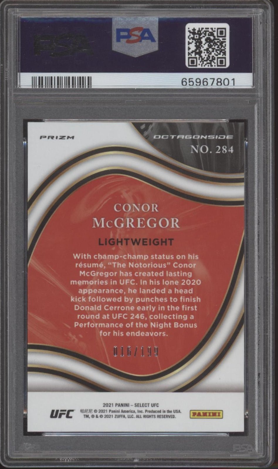 Connor McGregor 2021 Panini Select Red Disco Prizm 016/199 #284 PSA 10 - Collector Store LLC