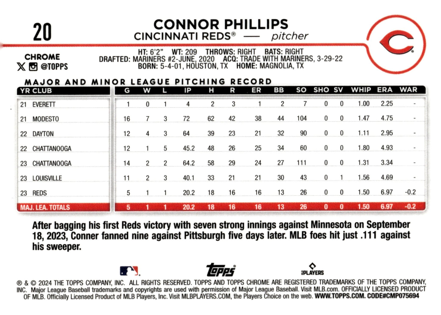 Connor Phillips 2024 Topps Chrome Fuchsia Refractor RC 20 - Collector Store LLC