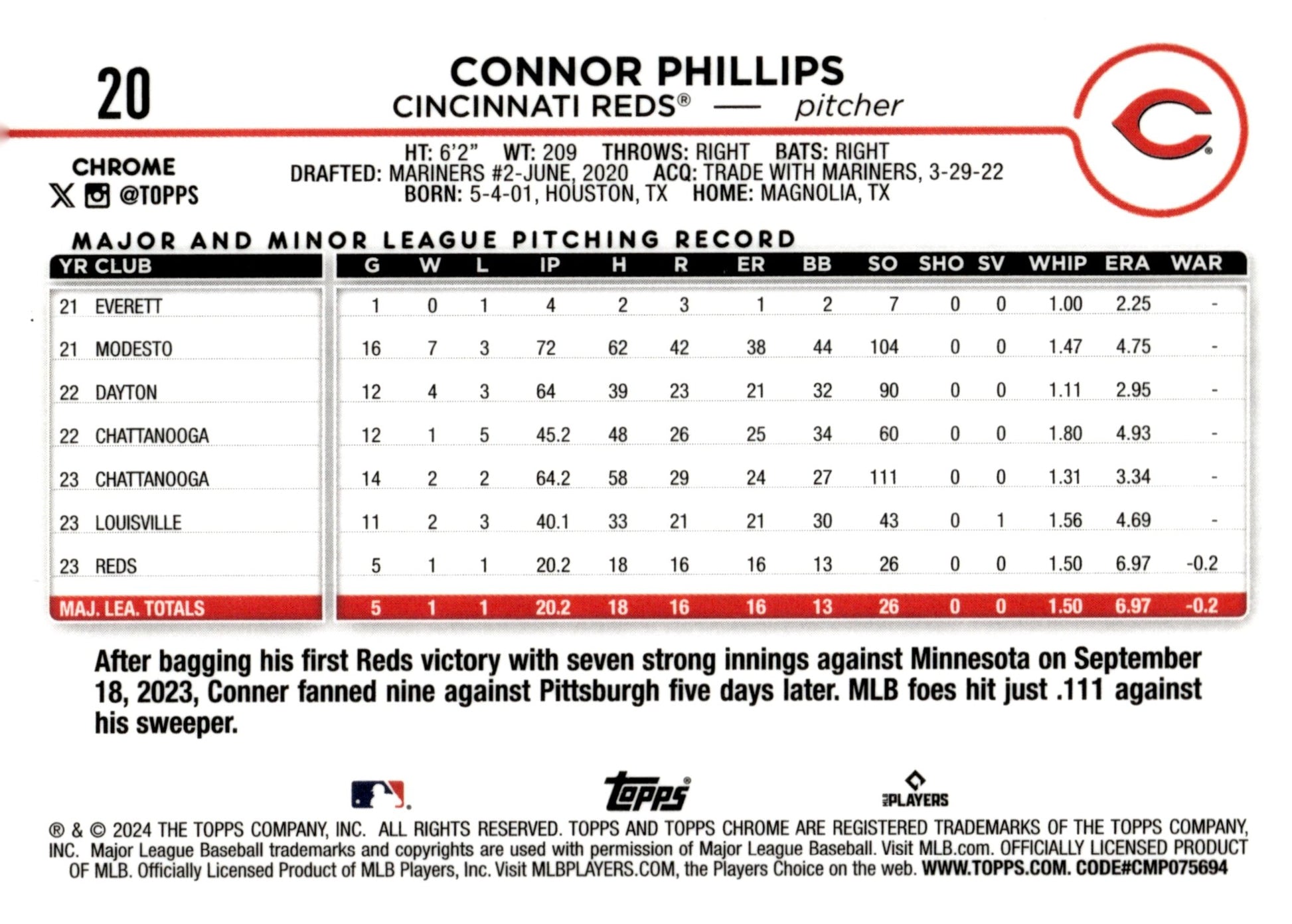 Connor Phillips 2024 Topps Chrome Fuchsia Refractor RC 20 - Collector Store LLC