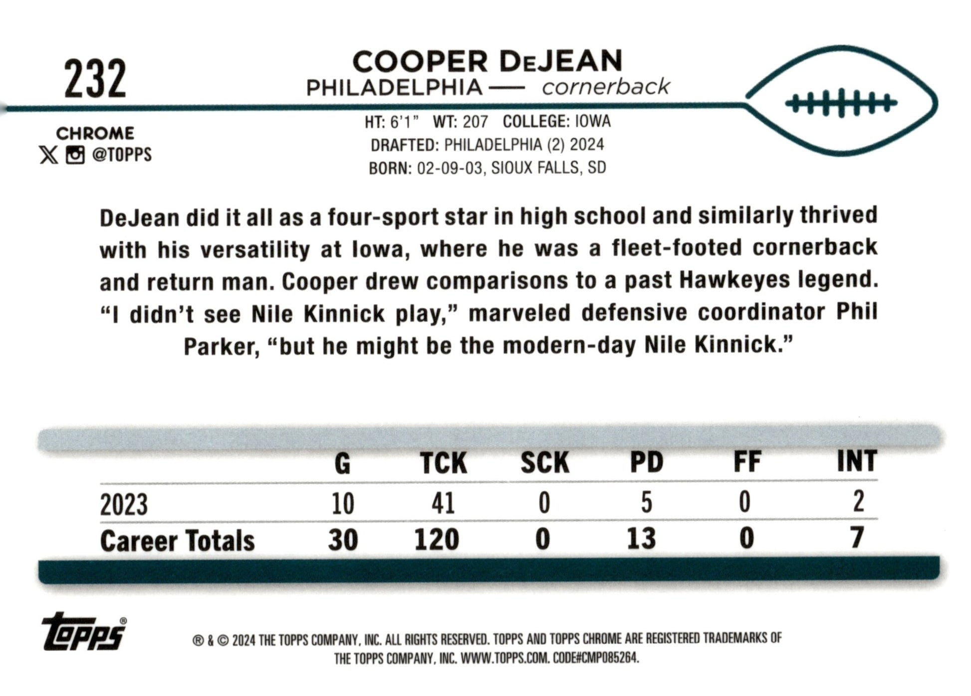 Cooper DeJean 2024 Topps Chrome RC #232 #2 - Collector Store LLC