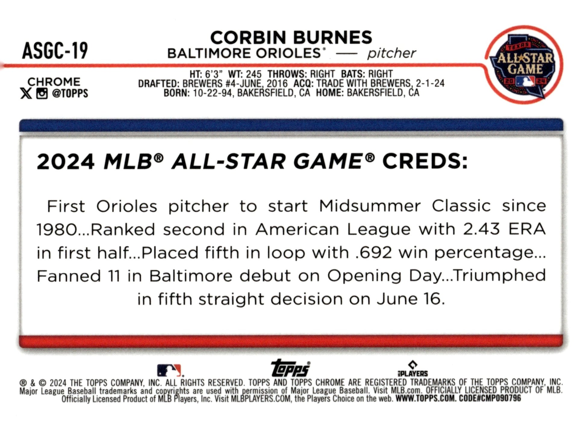 Corbin Burnes 2024 Topps Chrome All Star Game Refractor ASGC - 19 - Collector Store LLC