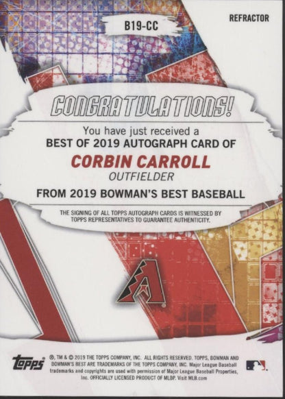 Corbin Carroll 2019 Bowman's Best Refractor Auto #B19 - CC - Collector Store LLC