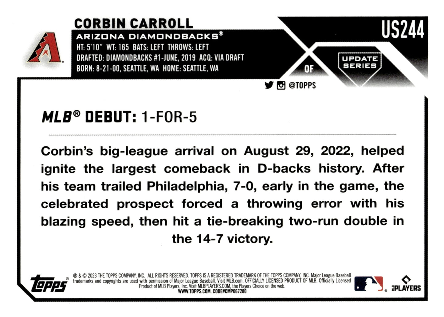 Corbin Carroll 2023 Topps Update Series RC US244 3 - Collector Store LLC
