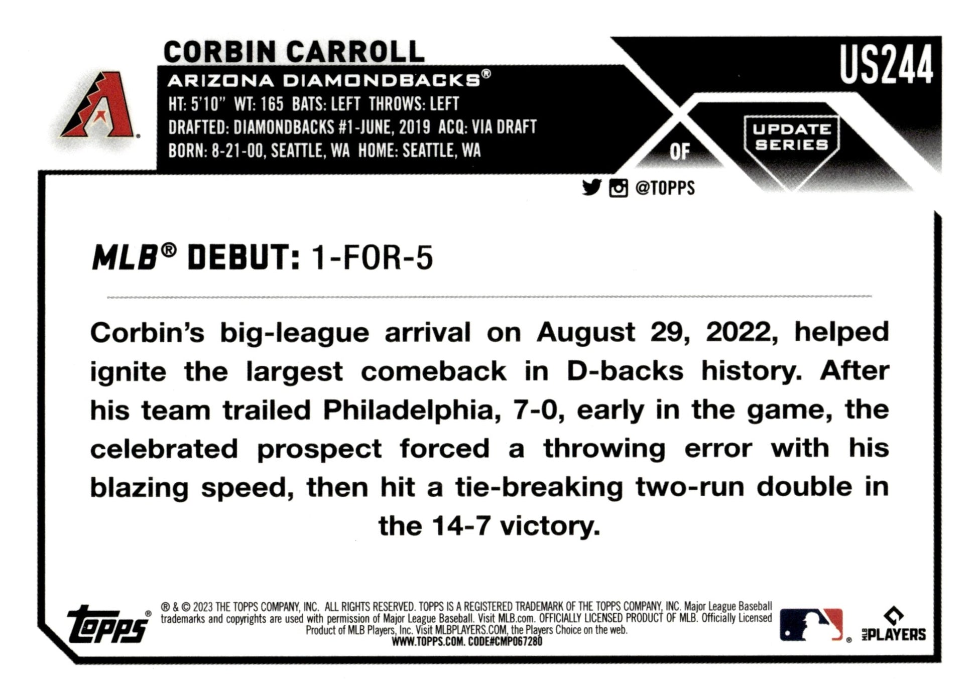 Corbin Carroll 2023 Topps Update Series RC US244 3 - Collector Store LLC