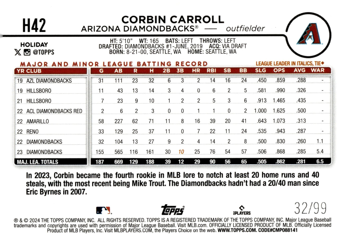 Corbin Carroll 2024 Topps Holiday Purple 32/99 #H42 - Collector Store LLC