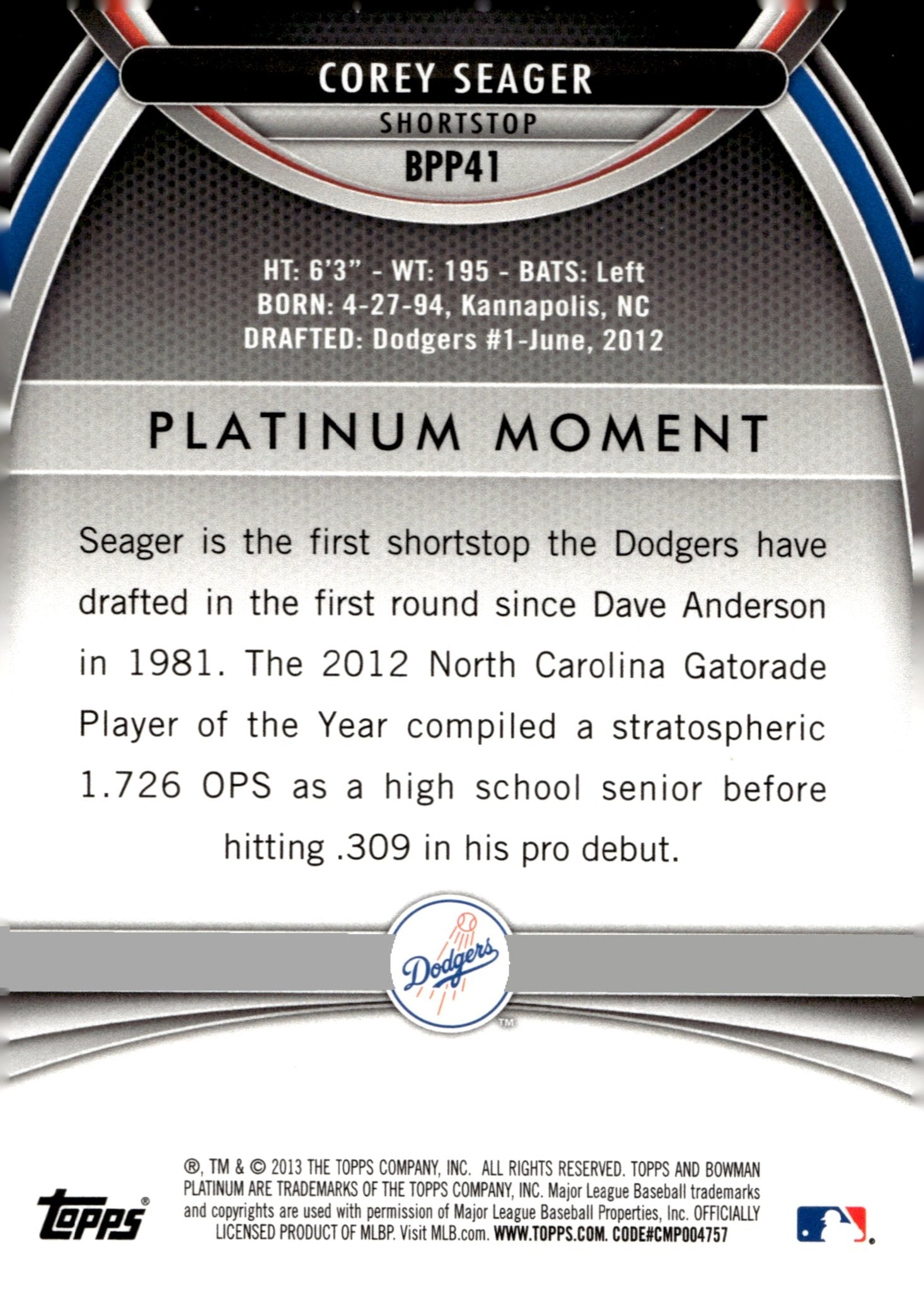 Corey Seager 2013 Bowman Platinum Moment Holo BPP41 2 - Collector Store LLC