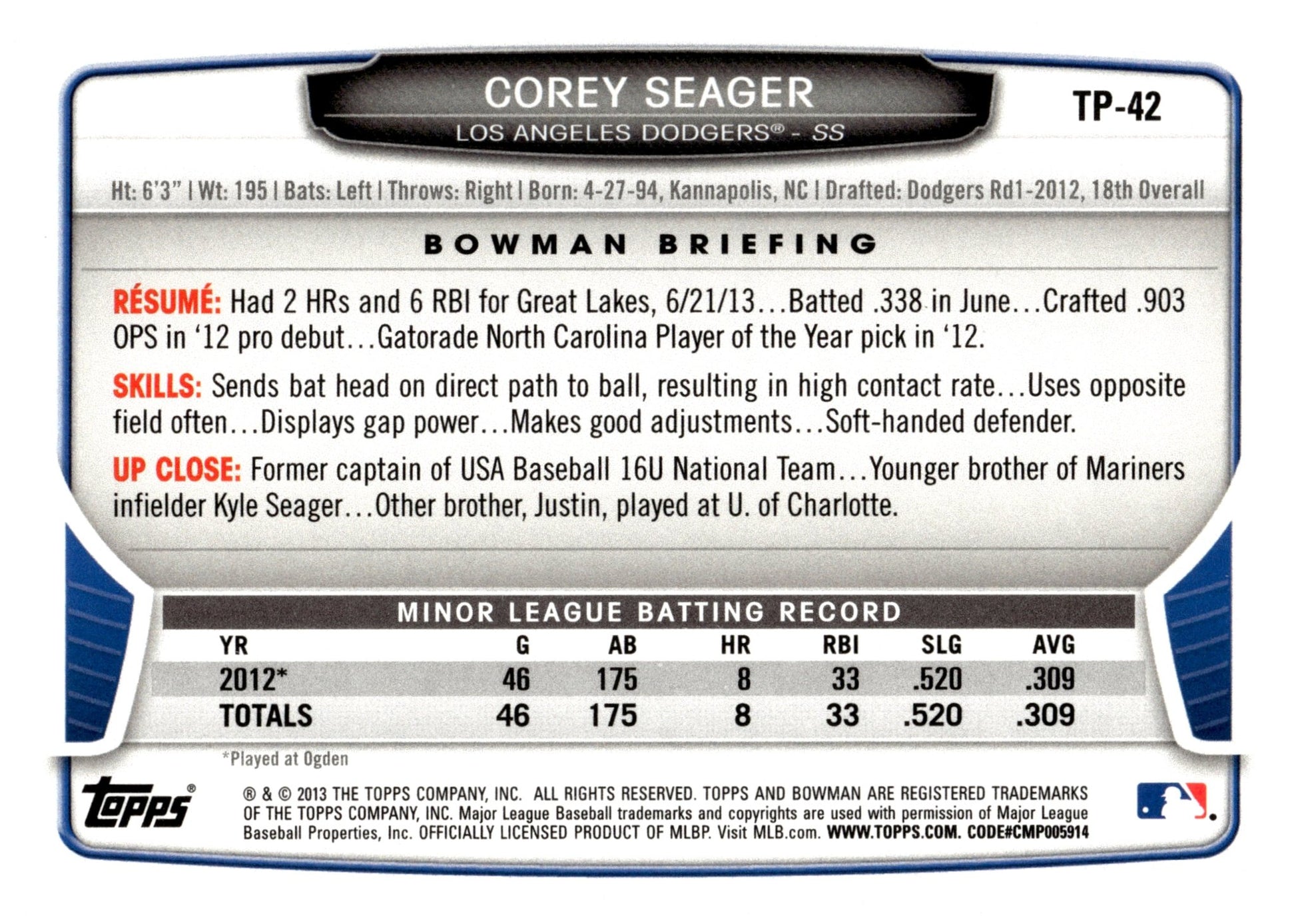 Corey Seager 2013 Bowman TP - 42 - Collector Store LLC