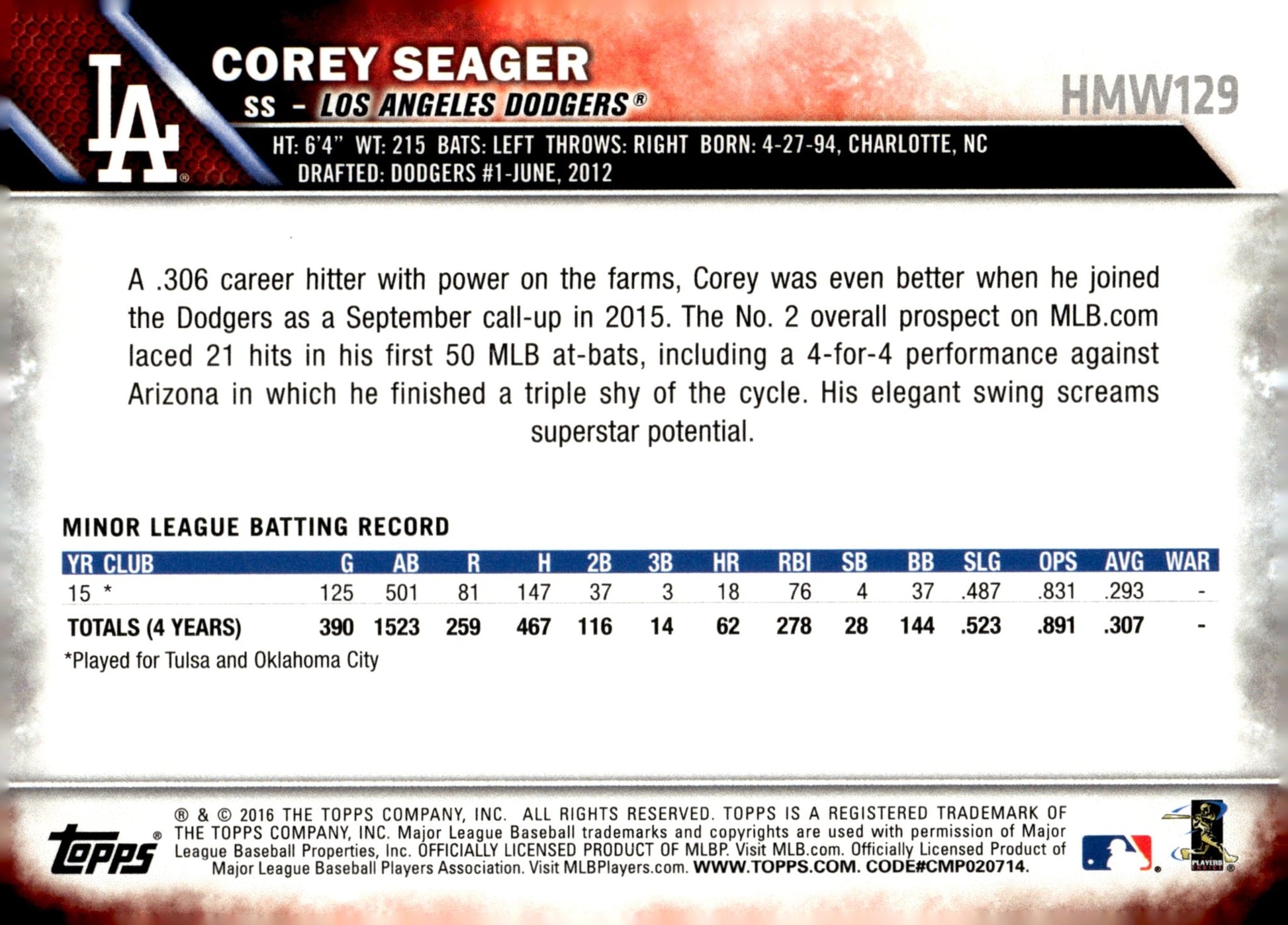 Corey Seager 2016 Topps Holiday RC #HMW129 - Collector Store LLC