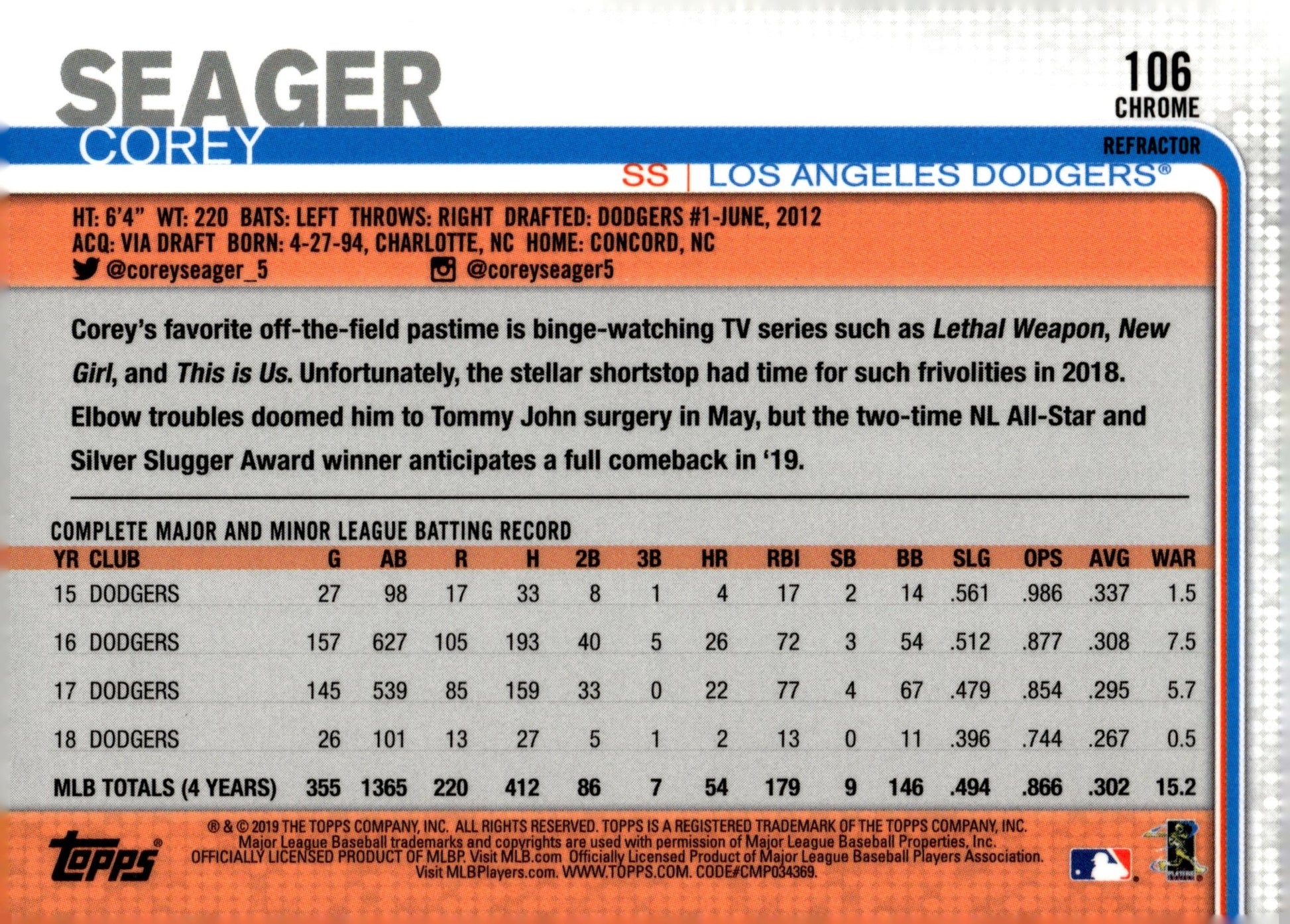 Corey Seager 2019 Topps Chrome Refractor 106 - Collector Store LLC