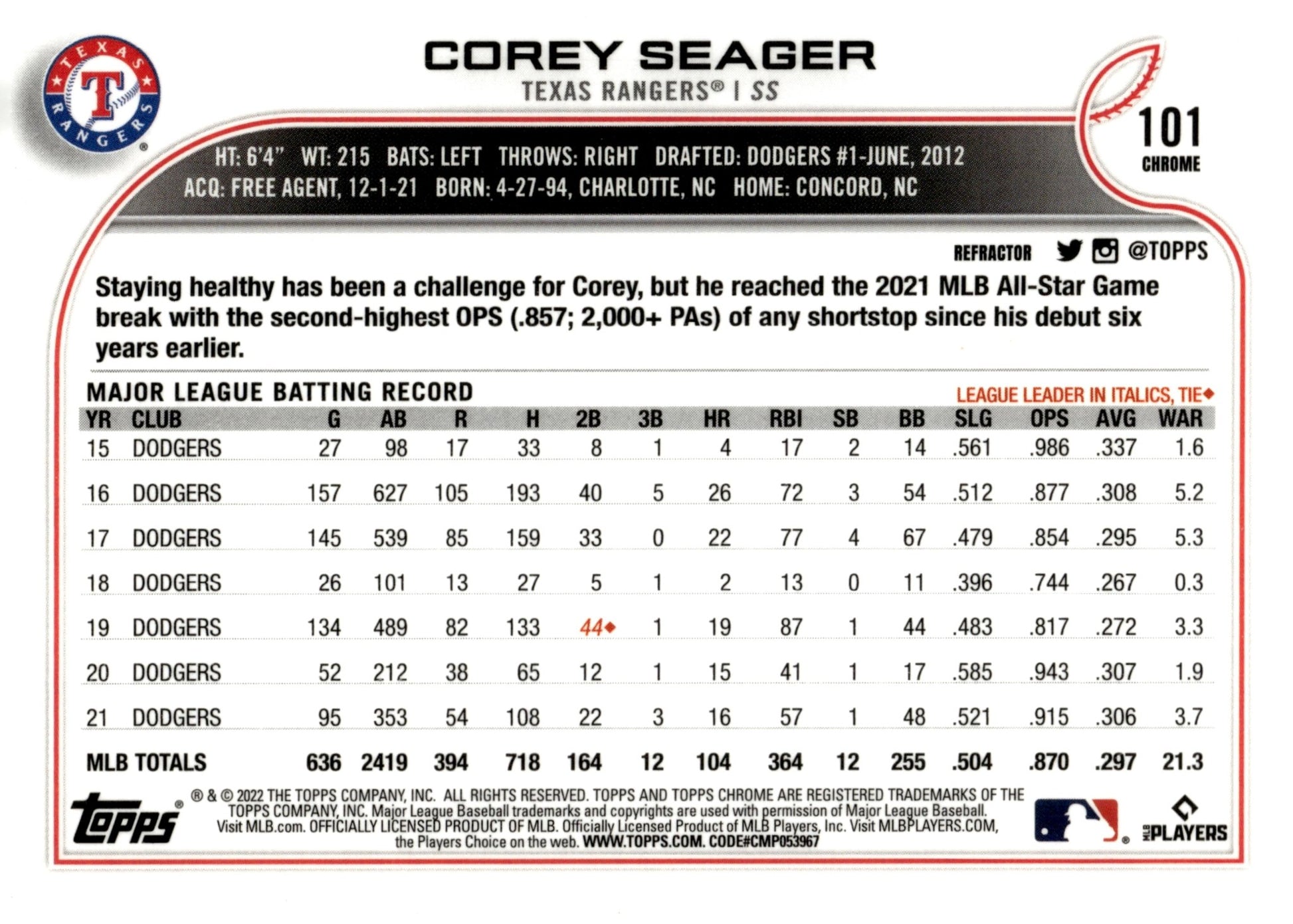 Corey Seager 2022 Topps Chrome Refractor 101 - Collector Store LLC