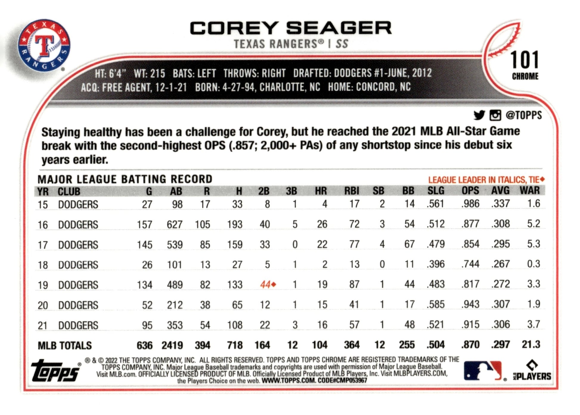 Corey Seager 2022 Topps Chrome Sepia Refractor 101 - Collector Store LLC