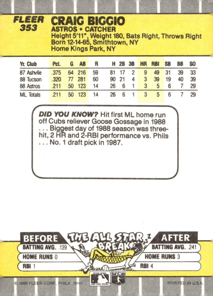 Craig Biggio 1989 Fleer RC 353 2 - Collector Store LLC